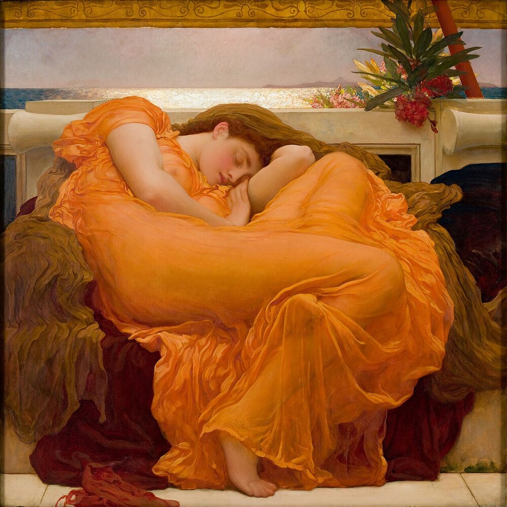 Pintura de una mujer dormida, recostada y completamente entregada al descanso, con un vestido naranja.