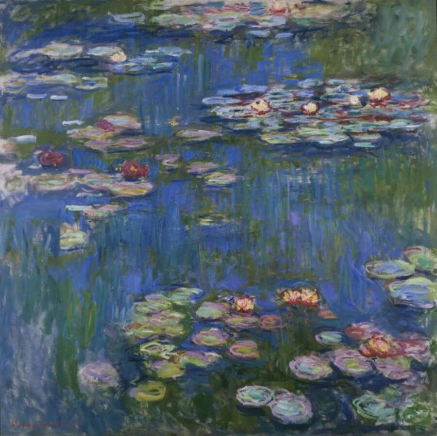 Pintura impresionista de un estanque con nenúfares y reflejos de luz sobre el agua.