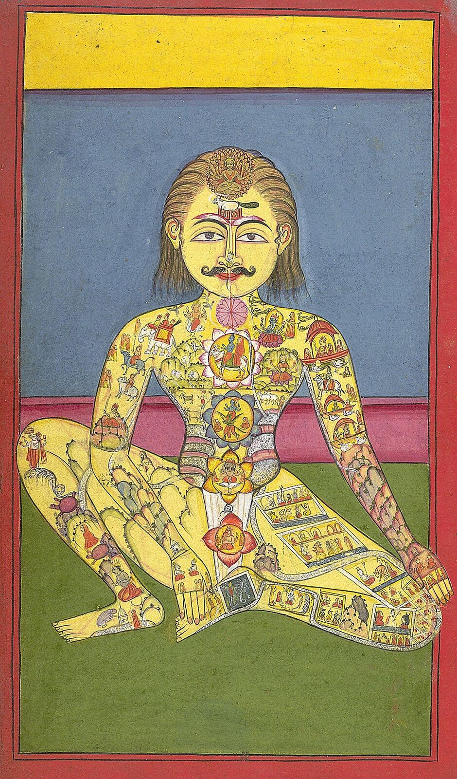 Pintura tradicional del Sapta Chakra: figura sentada con los siete chakras a lo largo del cuerpo
