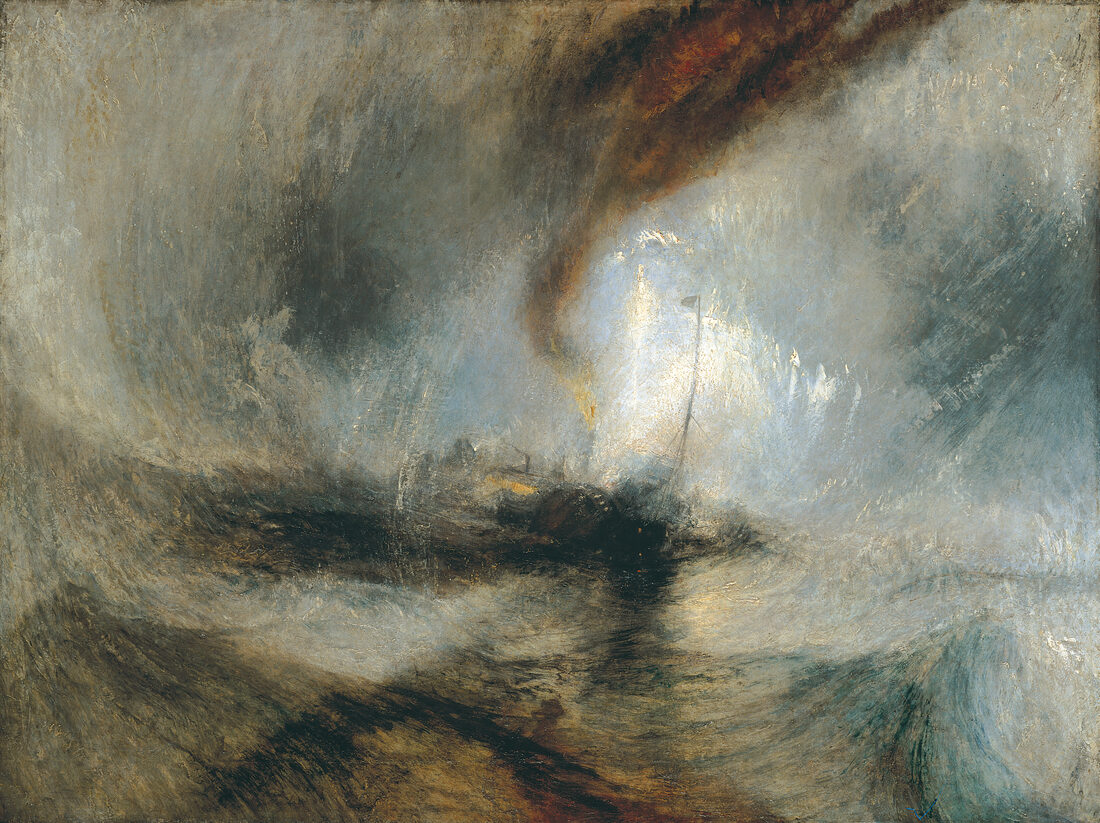 Pintura de un barco envuelto en una tormenta, todo torbellino de luz y bruma.