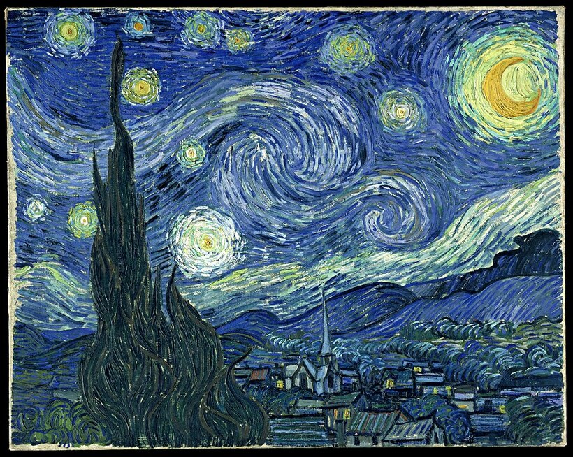 Pintura de un cielo nocturno con estrellas y remolinos de luz en movimiento sobre un pueblo.
