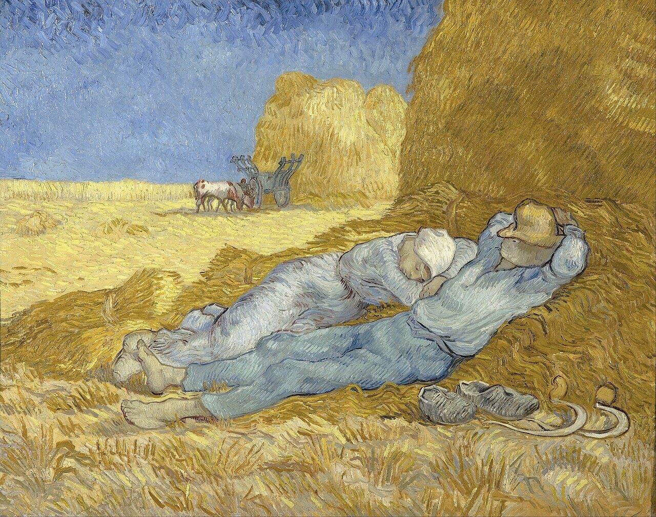 Pintura de dos campesinos descansando recostados sobre la paja al mediodía, con un cielo azul de fondo.