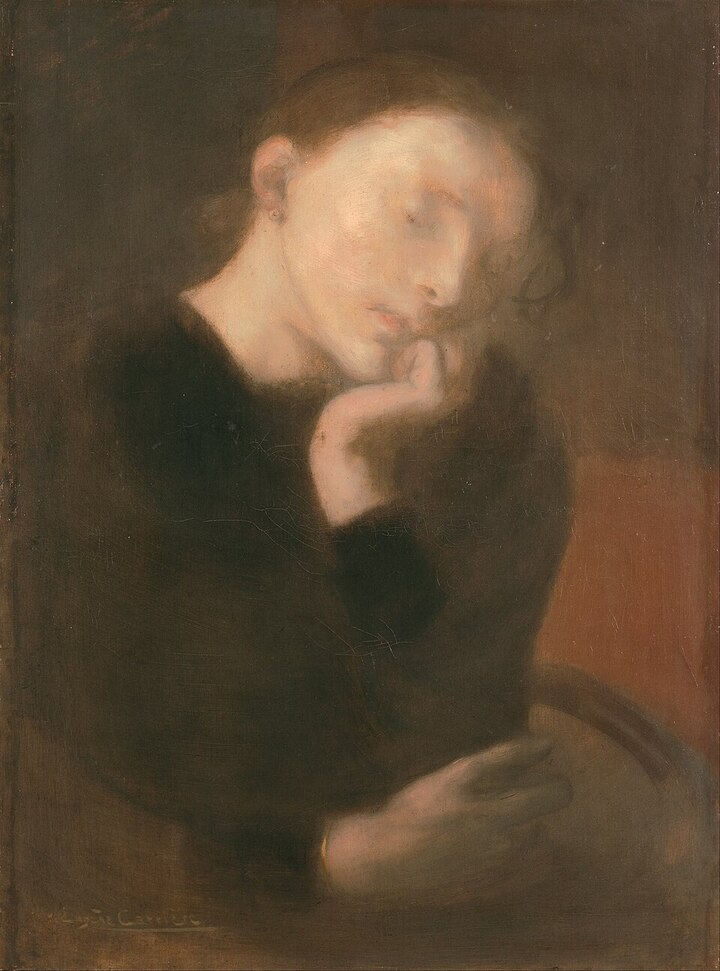 Pintura de una persona en quietud, los ojos cerrados y la mano apoyada en el rostro.