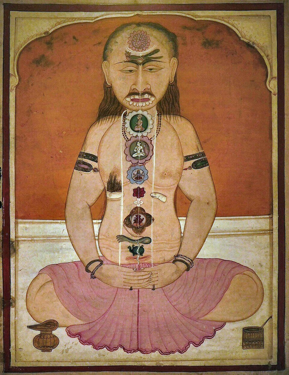 Pintura tradicional india de un yogui sentado en meditación, con los chakras y los canales de energía dibujados a lo largo del cuerpo.