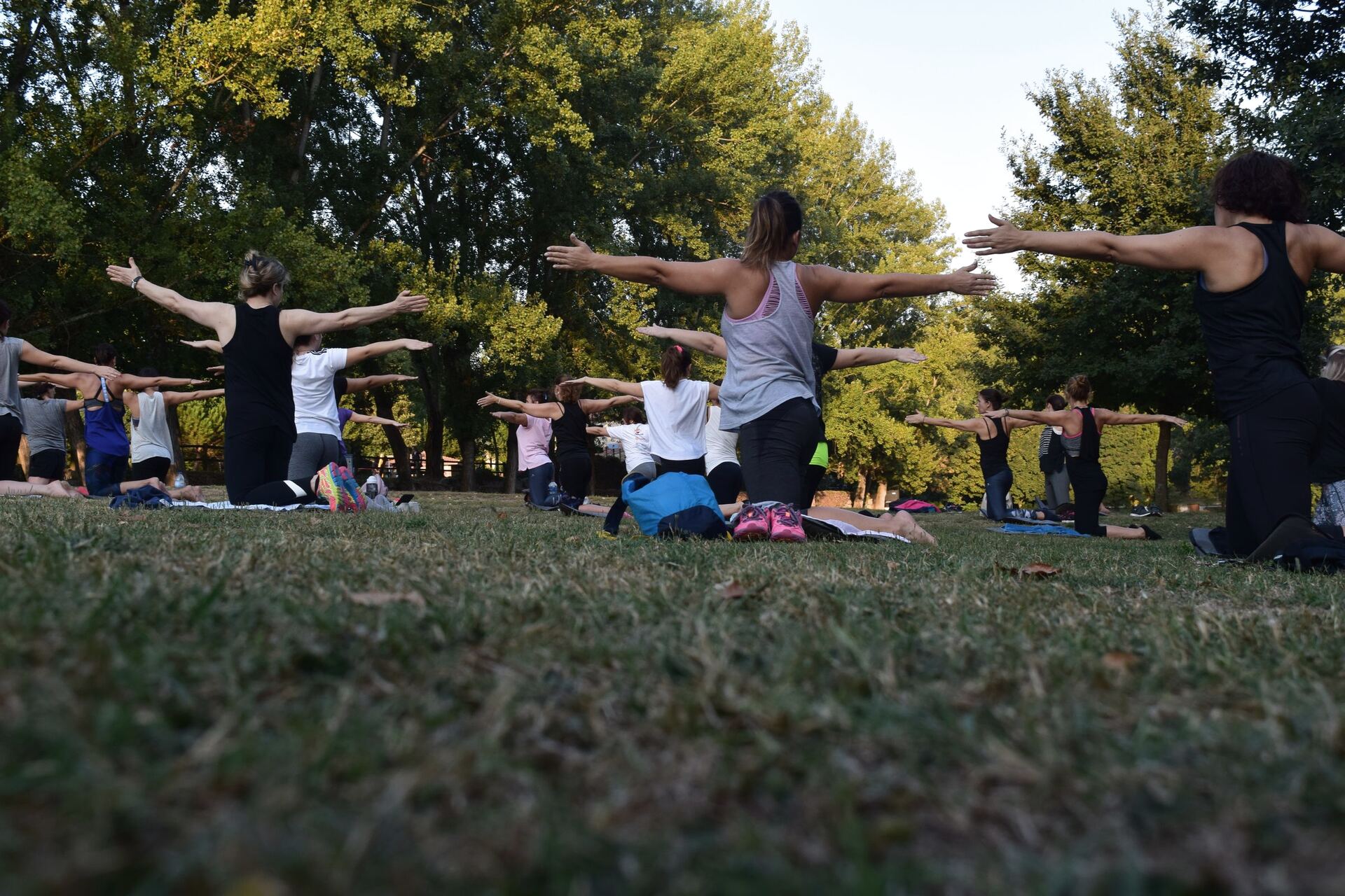 Clase de yoga al aire libre en el parque